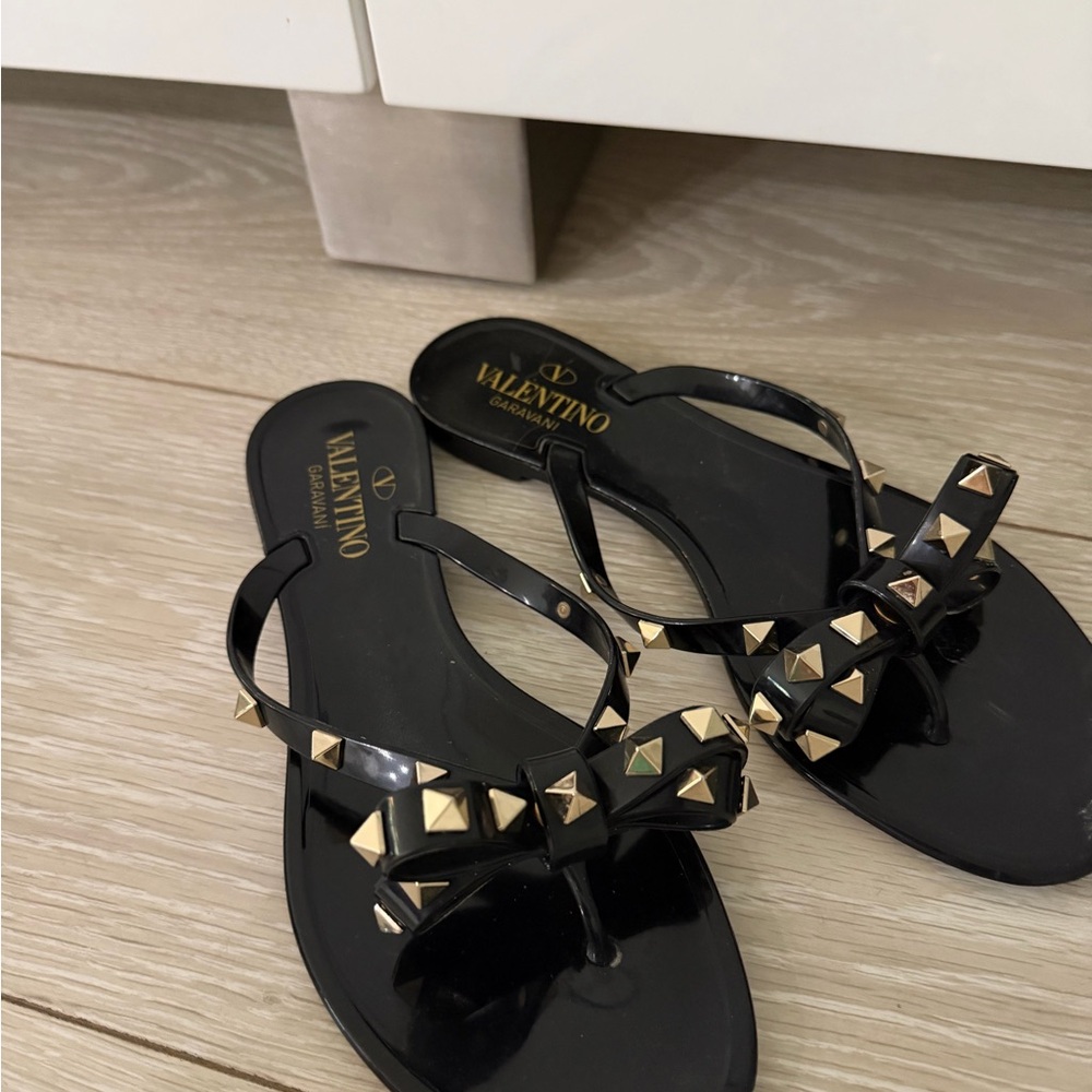 Valentino Black Jelly Sandals with Gold Rockstud Bow Accents